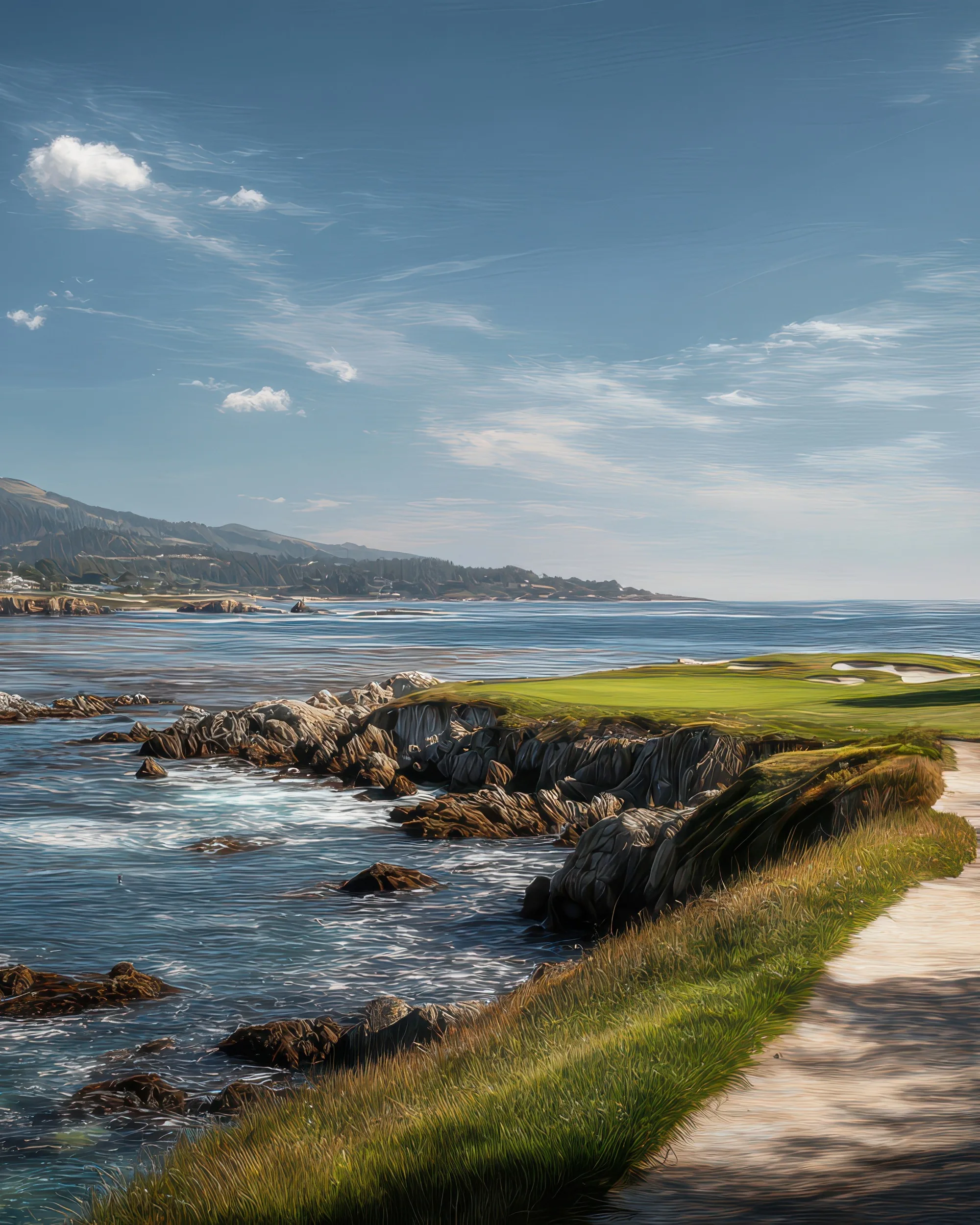 Portrait crop of Pebble Beach Golf Links showing bright fairways and coastal views along the Pacific Ocean.