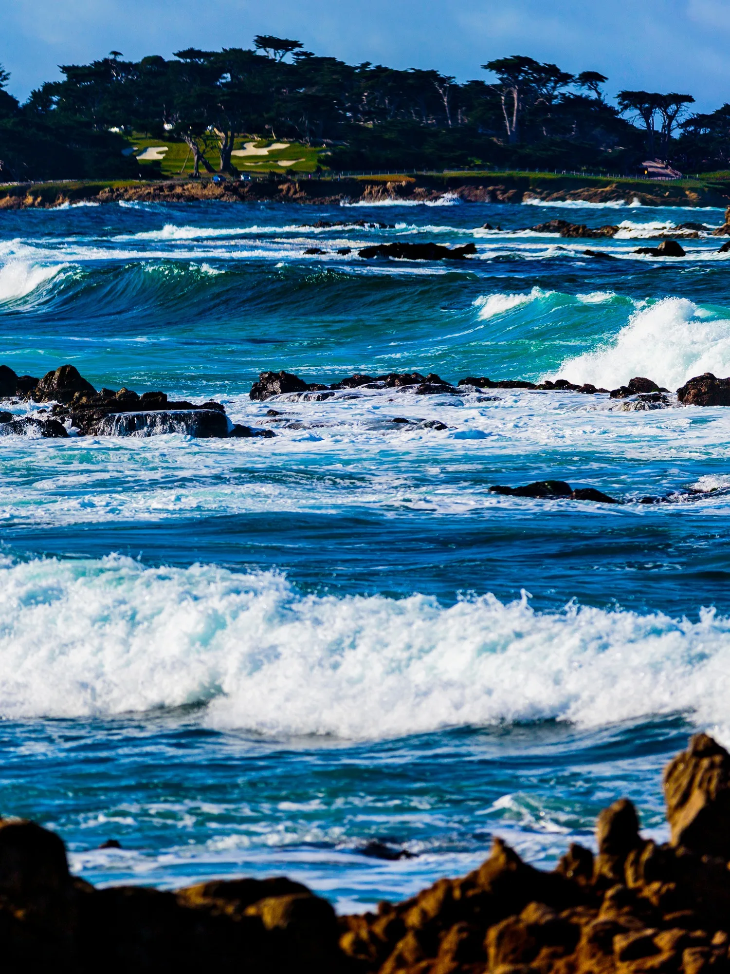 Waves breaking against the rocks near Pebble Beach along 17-Mile Drive.